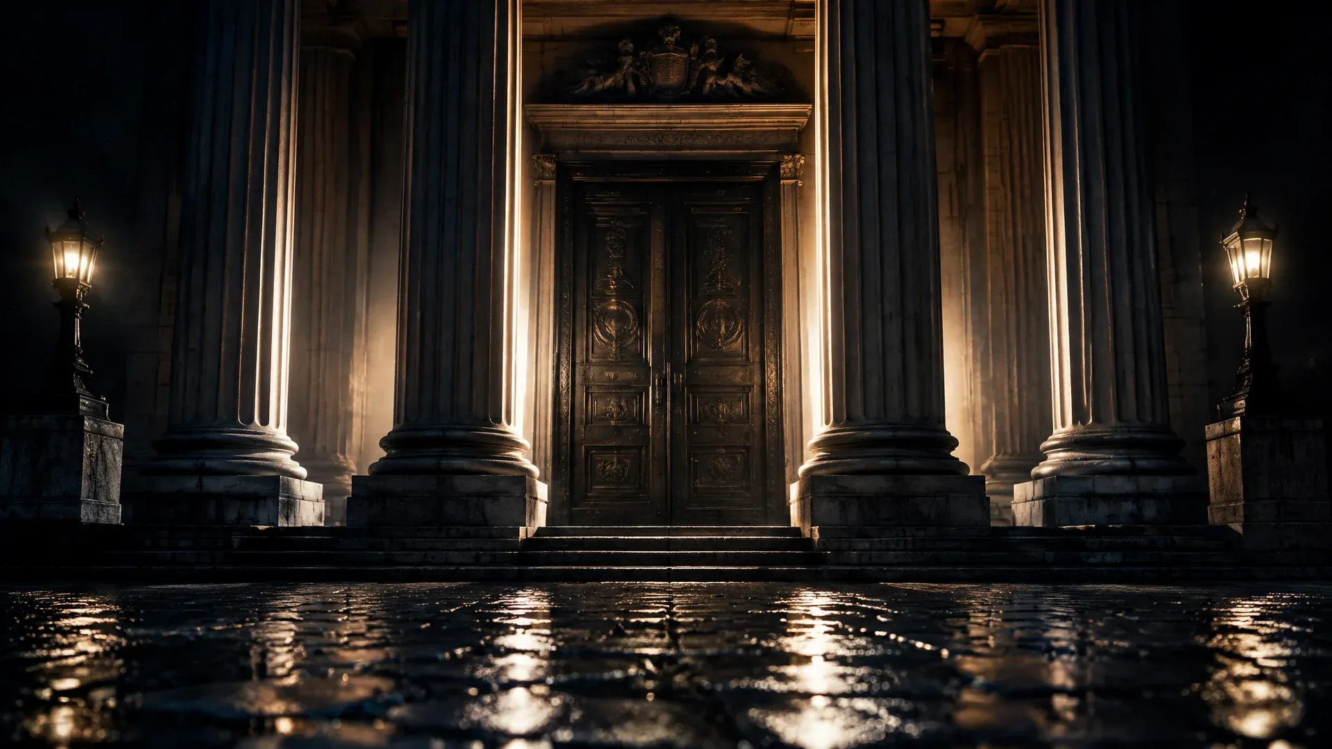 Monumentales klassizistisches Saeulenportal einer Notenbank bei Nacht im Gegenlicht, die schwere Bronzetuer zwischen den Saeulen ist geschlossen, davor nasses Kopfsteinpflaster