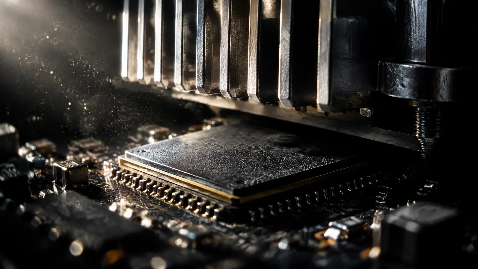 Makroaufnahme eines Rechenchips auf dunkler Platine unter Aluminium-Kuehlrippen, Staub im Seitenlicht
