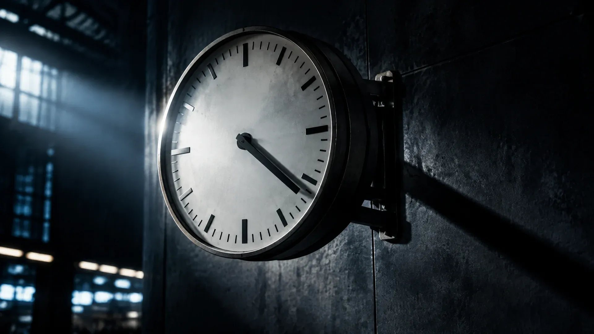 Grosse mechanische Bahnhofsuhr ohne Ziffern an dunkler Hallenwand, langer Schatten des Minutenzeigers