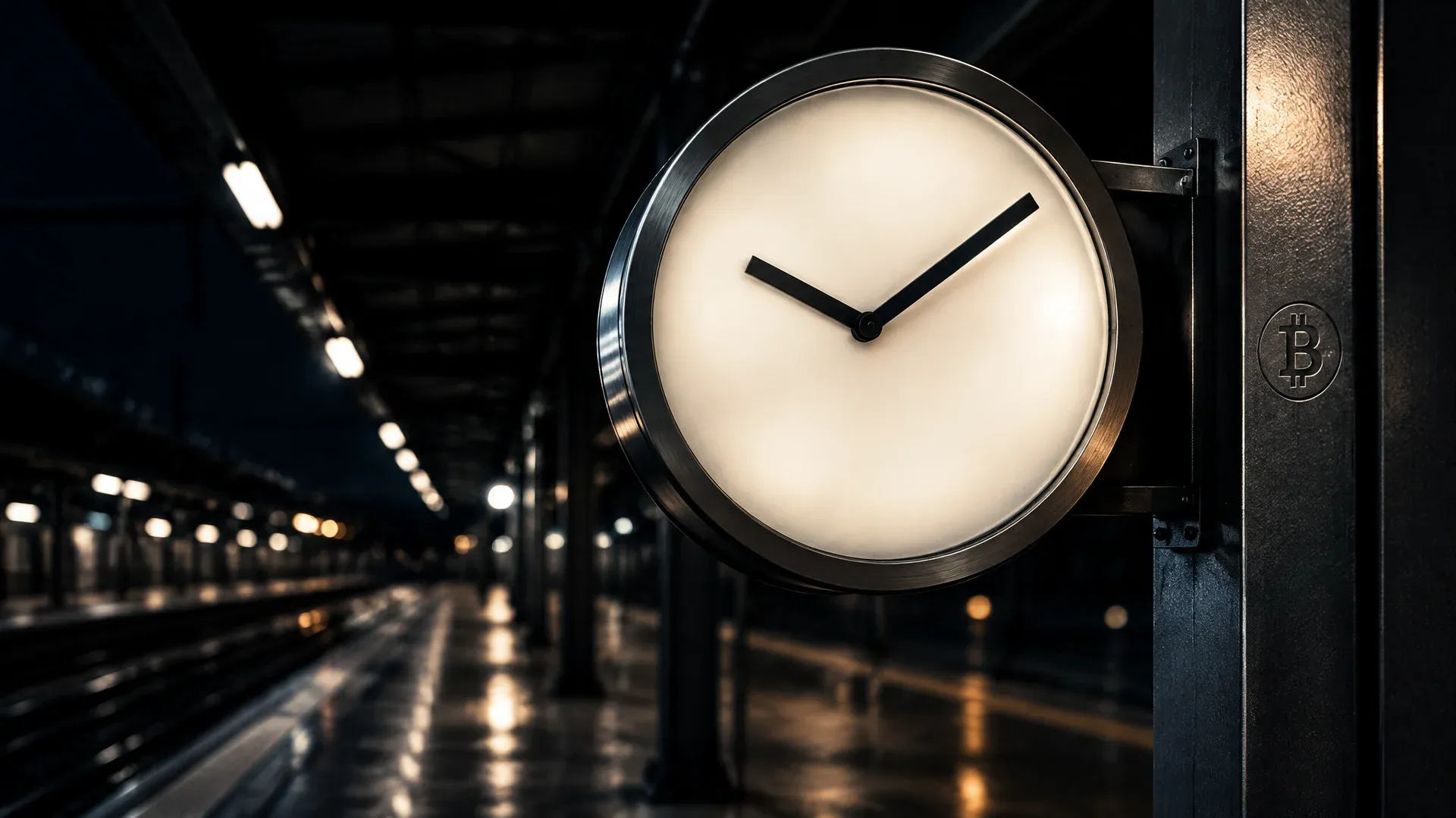 Große runde Bahnhofsuhr aus Stahl und Milchglas ohne Ziffern auf einem leeren nächtlichen Bahnsteig, am Gehäuserand eine schmale Gravur mit dem Bitcoin-Zeichen