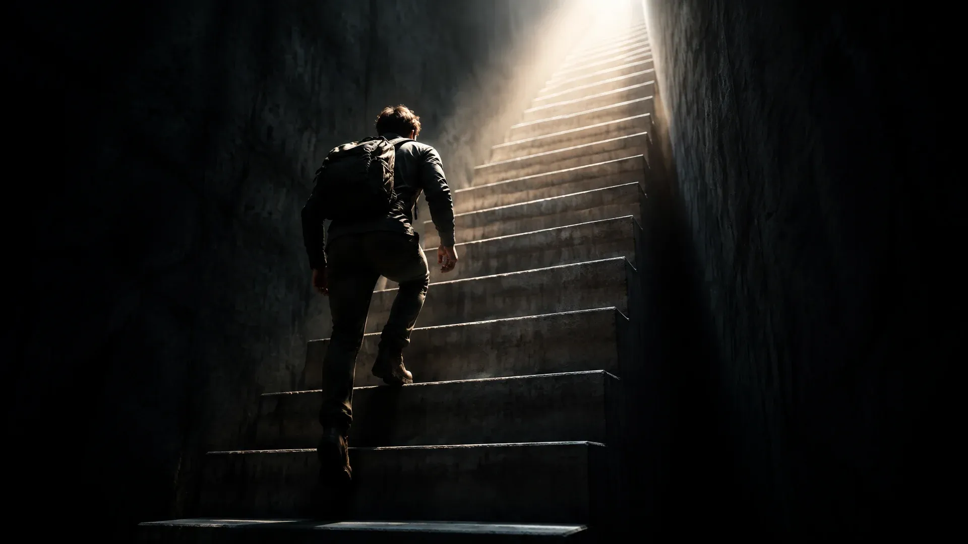 Steile Betontreppe in einem dunklen Schacht, jede Stufe höher als die vorherige, Lichtstrahl von oben