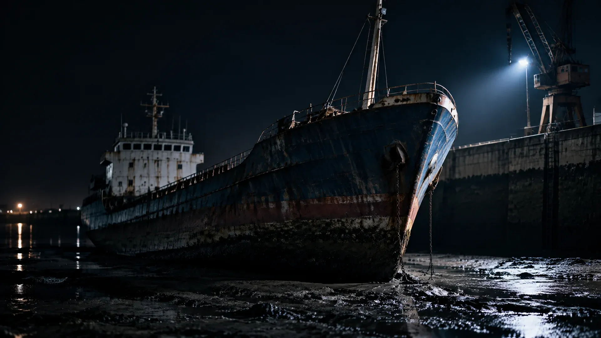 Stillgelegtes Frachtschiff liegt bei Ebbe schräg auf dem Schlick einer nächtlichen Hafenbucht, an der Kaimauer zieht sich die Flutmarke oberhalb der Reling entlang