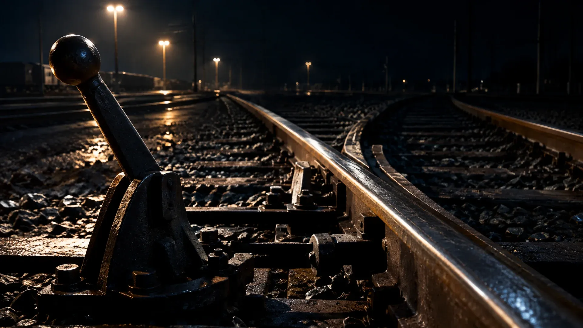 Eisenbahnweiche aus schwerem Stahl in einem nächtlichen Rangierbahnhof, zwei Gleisstränge laufen auseinander, ein Stellhebel steht im Vordergrund