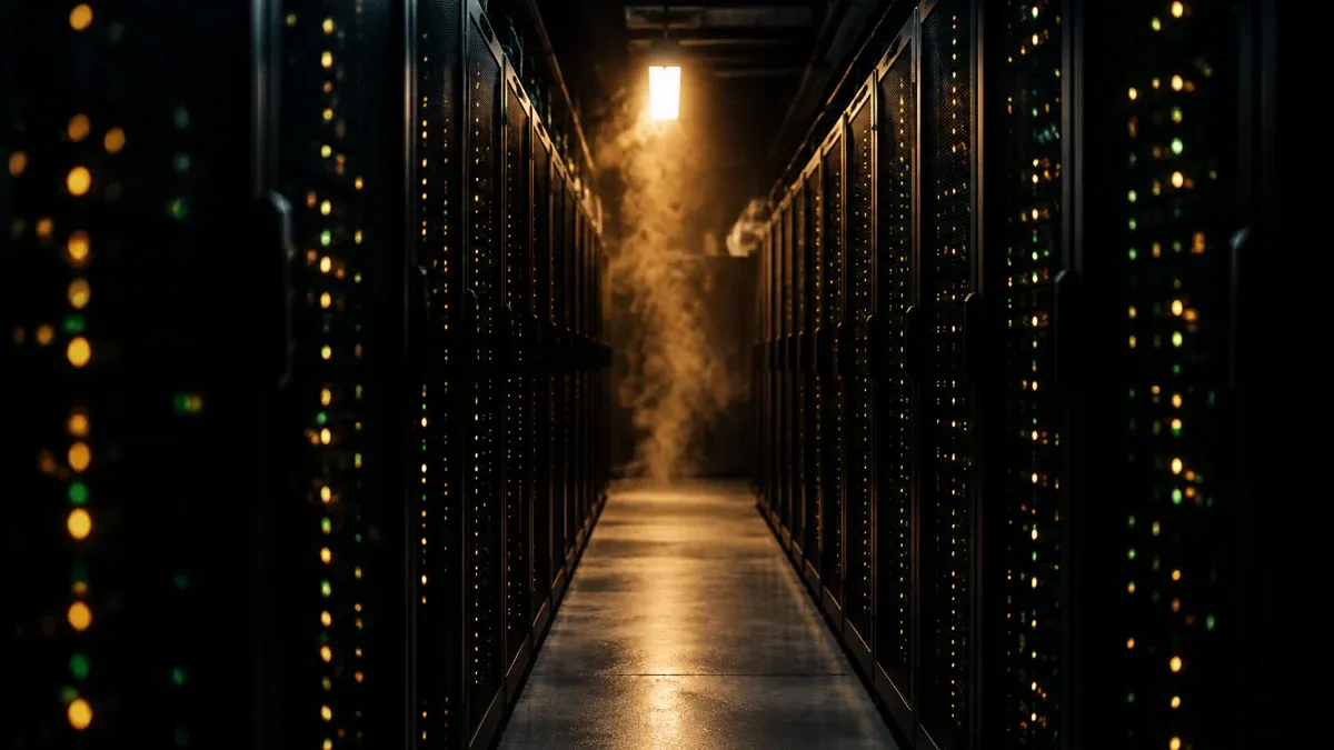 Narrow aisle between two rows of black server racks in a dark hall, hundreds of small yellow and green status lights on the fronts, warm exhaust air rising in the light of a single ceiling lamp at the end of the aisle