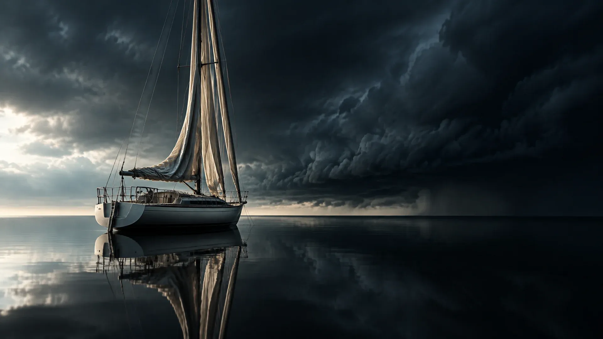 Segelboot bei Flaute auf spiegelglattem Wasser, am Horizont eine dunkle Boenfront