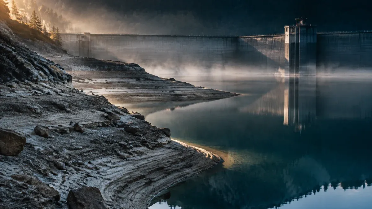Ein Stausee mit gesunkenem Wasserstand, die Uferböschung liegt frei