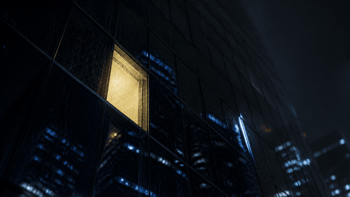 Ein einzelnes erleuchtetes Bürofenster in der sonst dunklen, regennassen Glasfassade eines Hochhauses bei Nacht, in der Scheibe spiegeln sich die Lichter der Stadt