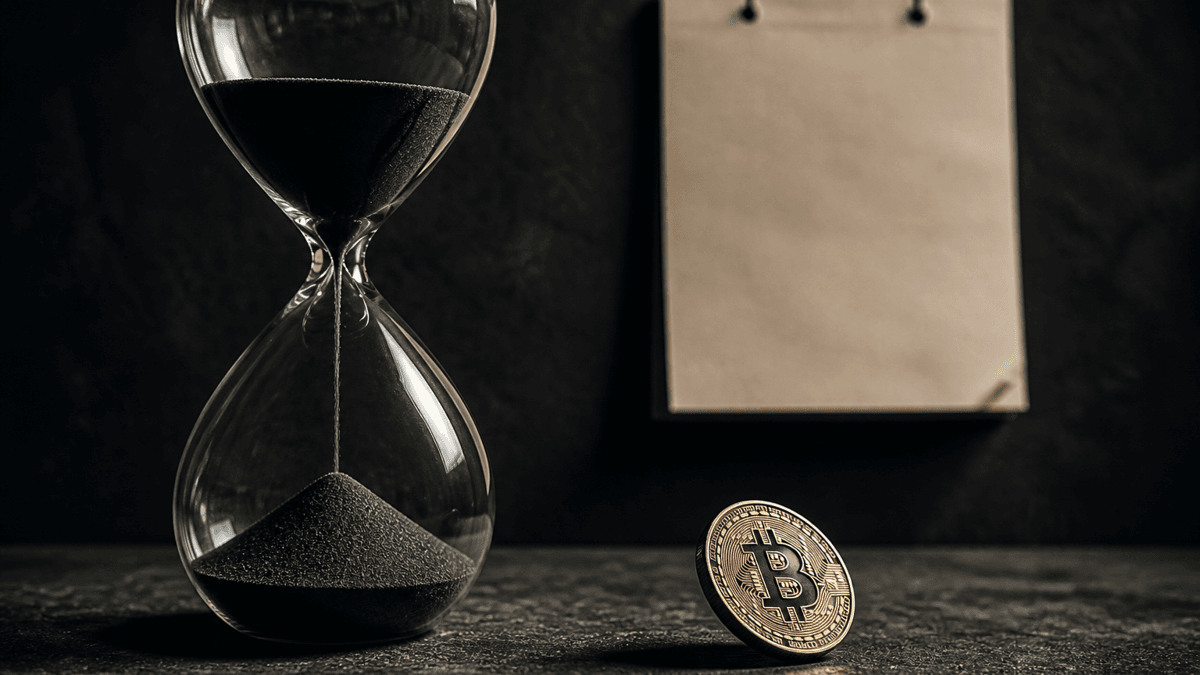 Gläserne Sanduhr mit fast durchgelaufenem Sand, davor kippt eine Bitcoin-Münze auf einer Steinplatte