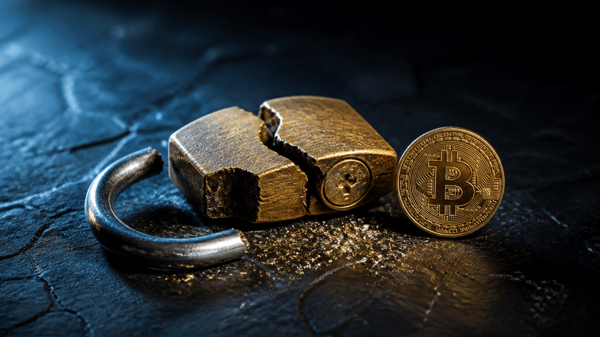 Aufgesprengtes Messing-Vorhängeschloss auf schwarzem Schiefer neben einer aufrecht stehenden Bitcoin-Münze