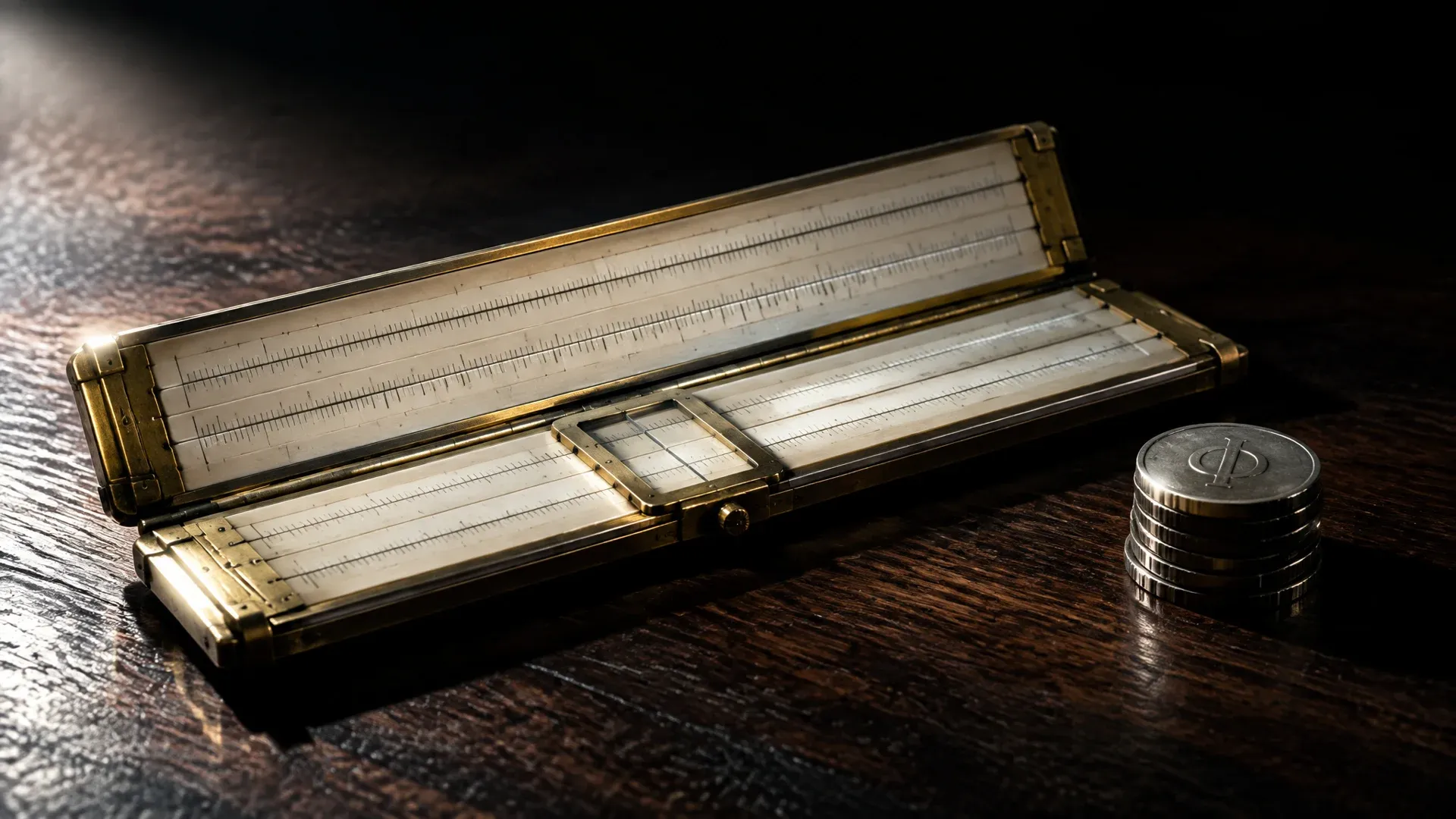 Mechanical slide rule in brass and ivory on dark wood, beside a stacked tower of heavy metal coins in a hard beam of light