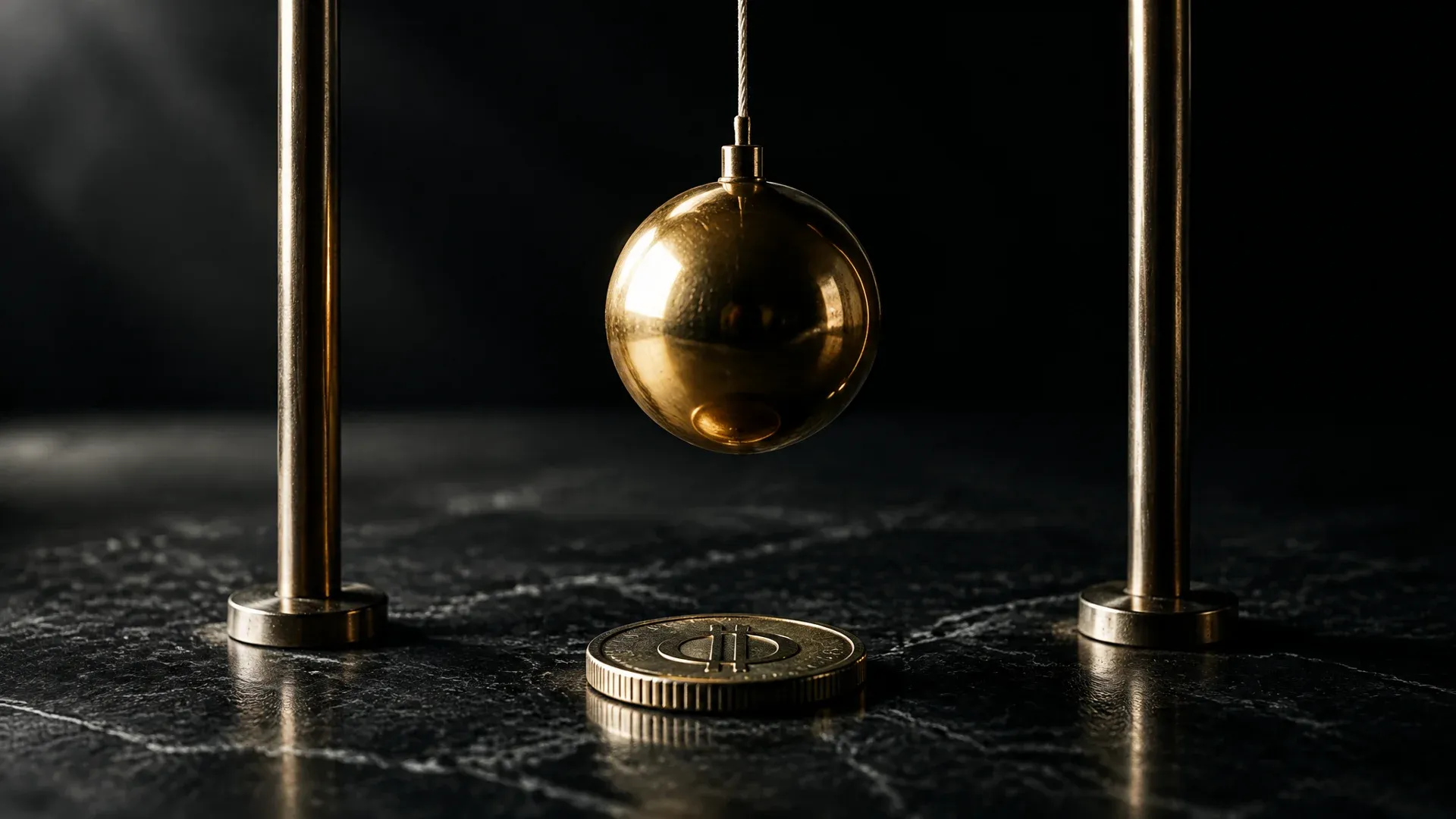Heavy brass pendulum on a cord, frozen mid-swing between two upright metal posts, with a metal coin below it