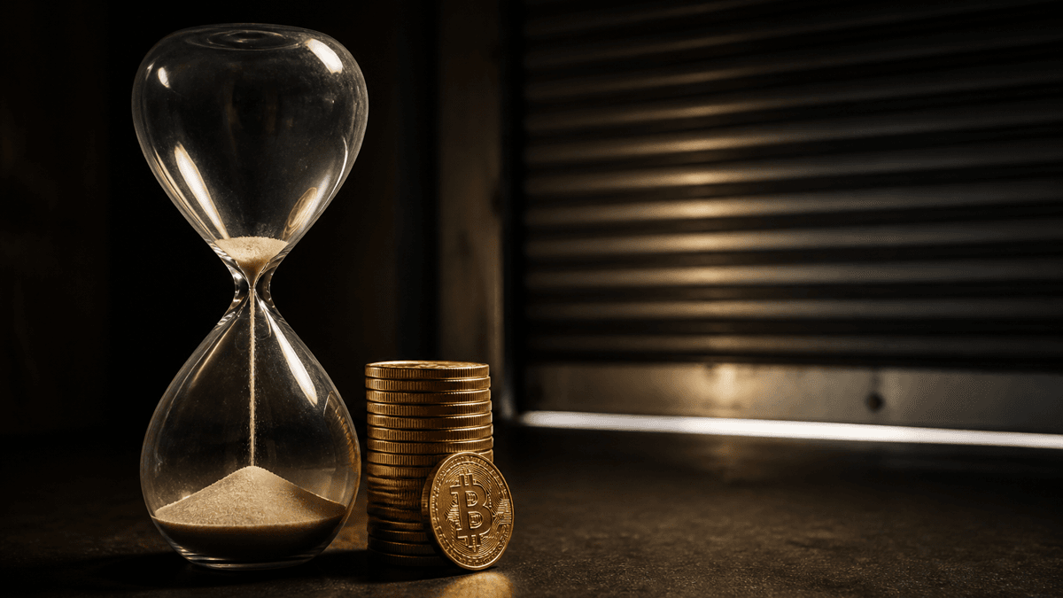 An hourglass almost run through beside a tower of stacked Bitcoin coins, with a shutter coming down in the background