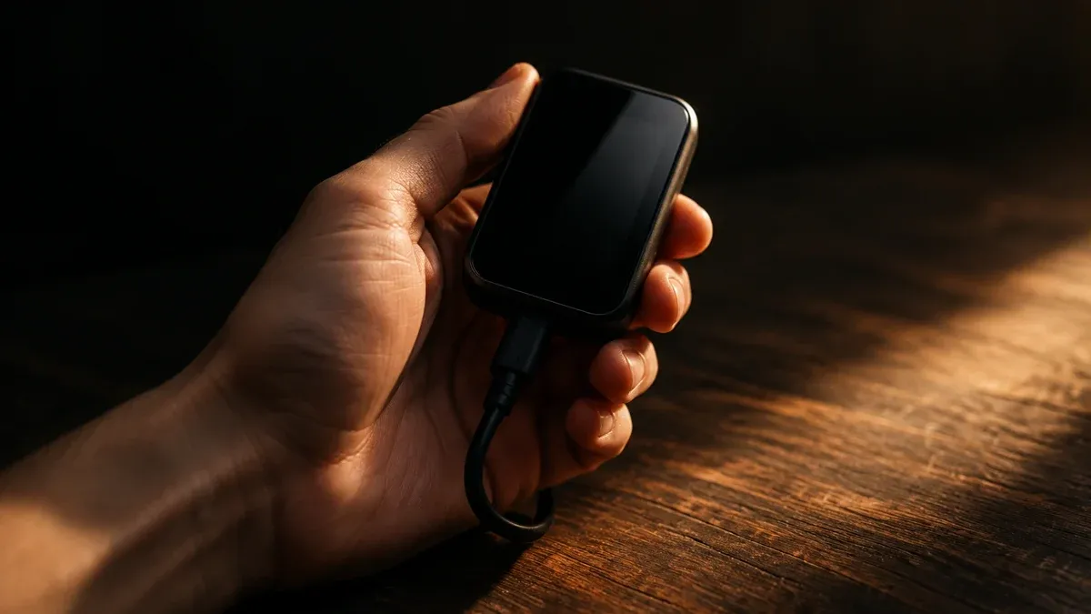 Hand hält ein kleines schwarzes Hardware-Gerät mit dunklem Display und kurzem Kabel über einem Holztisch, kein Gesicht im Bild