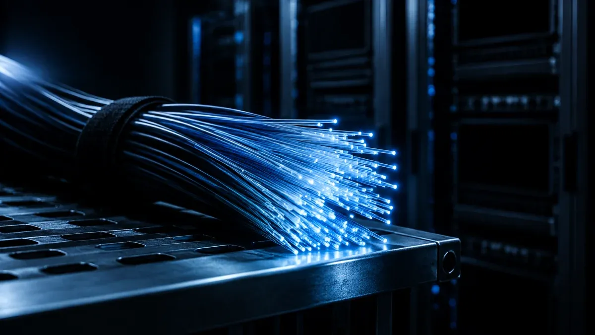 Aufgefächertes Bündel Glasfaserkabel mit kalt blau leuchtenden Faserenden in einem dunklen Technikraum