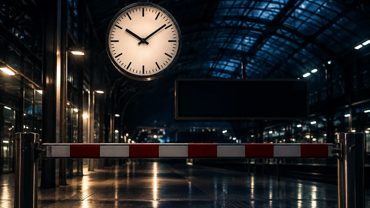 Analoge Bahnhofsuhr ohne Ziffern in einer leeren nächtlichen Bahnhofshalle, darunter eine geschlossene Metallschranke