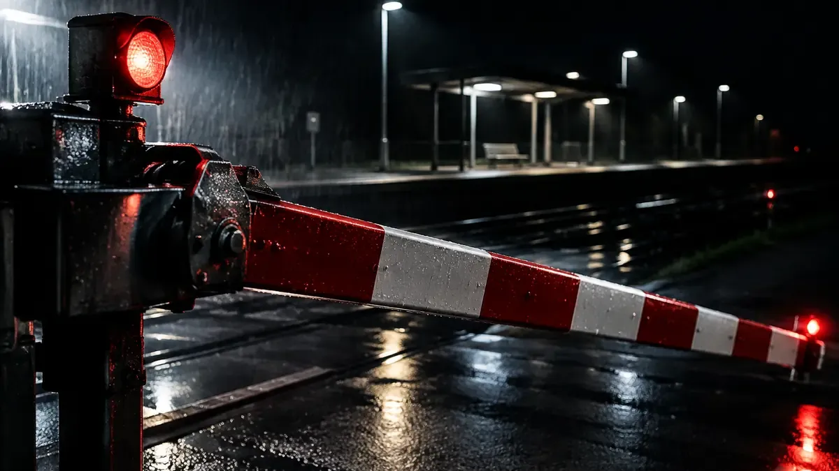 Sich schließende rot-weiße Bahnschranke bei Nacht auf nassem Asphalt, Scheinwerferlicht von der Seite, dahinter ein leerer Bahnsteig