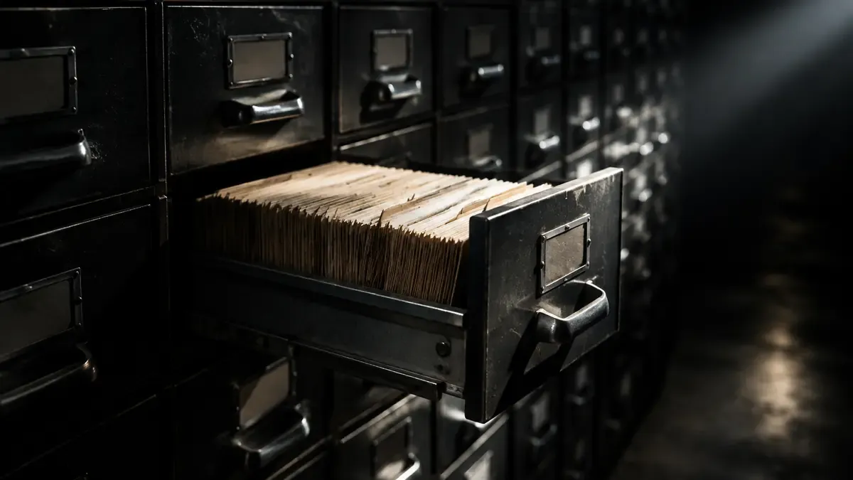 Wand aus schmalen Metall-Archivschubladen in einem Kellerarchiv, eine Schublade halb herausgezogen mit dicht gepackten Karteikarten