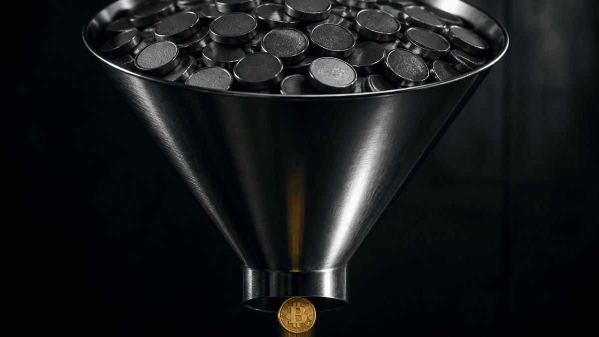 Metalltrichter voller gestauter matter Metallscheiben, unten rutscht eine einzelne goldene Münze mit Bitcoin-Symbol frei hindurch