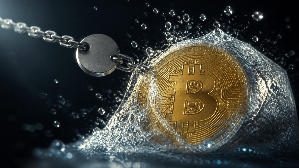 Kleine Metallmünze zieht an einer gespannten Stahlkette eine größere goldene Münze mit Bitcoin-Symbol aus einer aufbrechenden Eisschicht