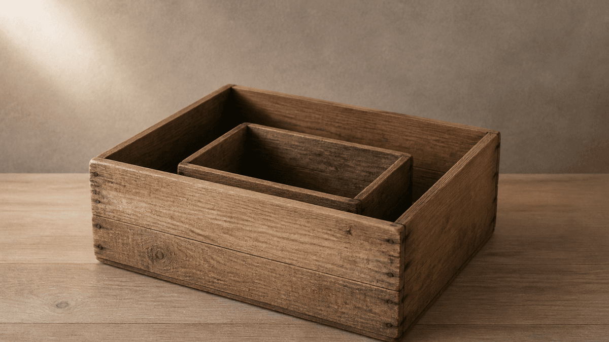 Zwei ineinandergestellte Holzkisten unterschiedlicher Groesse auf einem Tisch