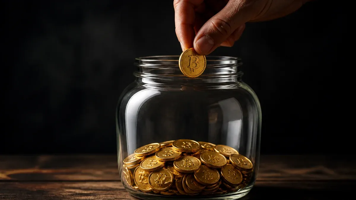 Hand dropping gold coins one by one into a glass jar filled to a third