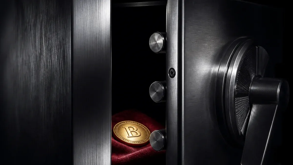 Half-open steel vault door with a gold coin lying on velvet inside