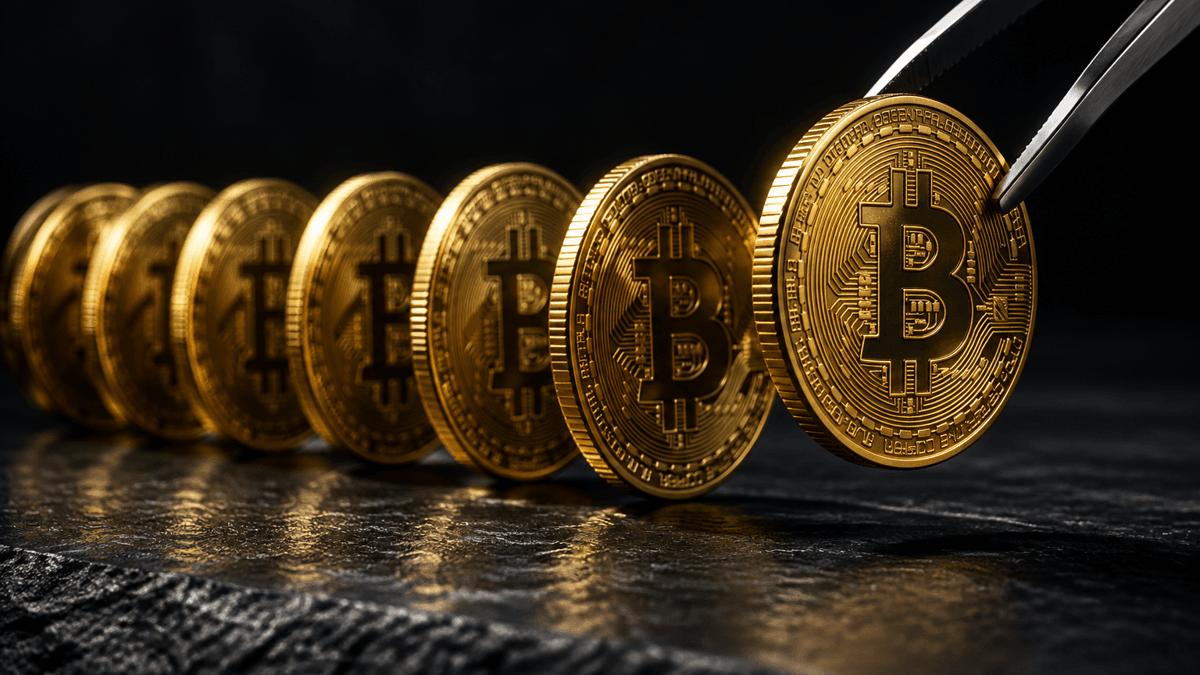 Eine Reihe hochkant stehender goldener Münzen mit Bitcoin-Zeichen auf dunklem Schiefer, die vorderste wird von einer Stahlpinzette herausgehoben