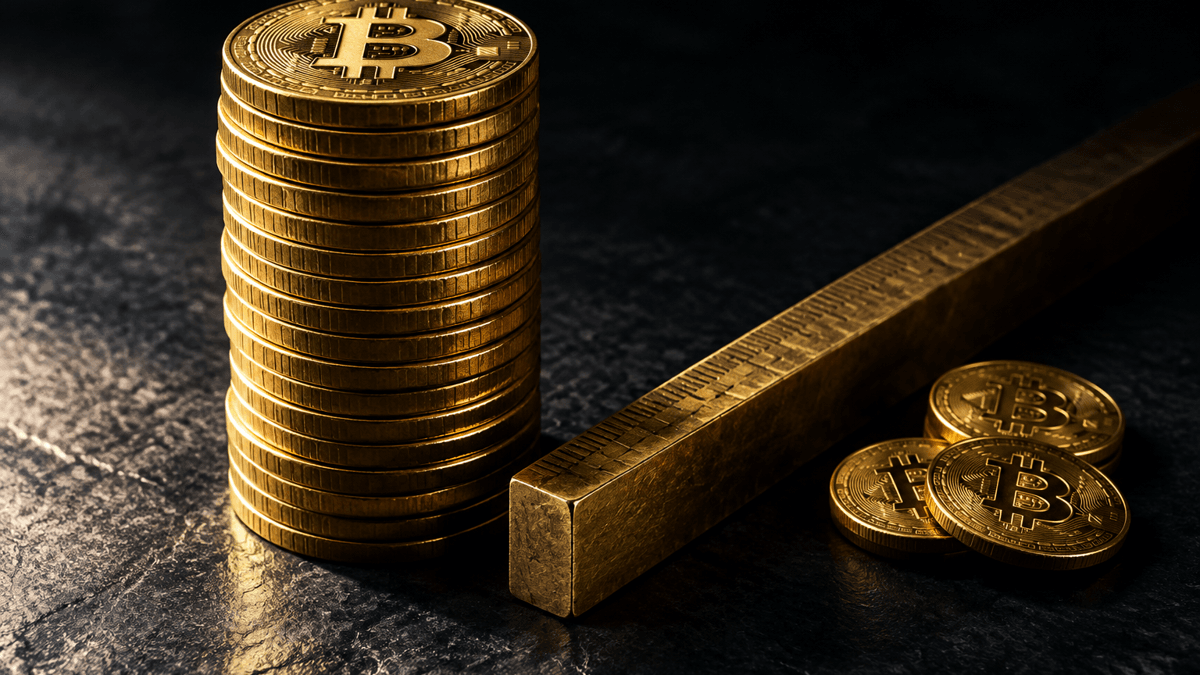 Ein hoher Stapel goldener Münzen mit Bitcoin-Zeichen auf dunklem Schiefer, drei Münzen sind mit einem Messinglineal davon abgetrennt