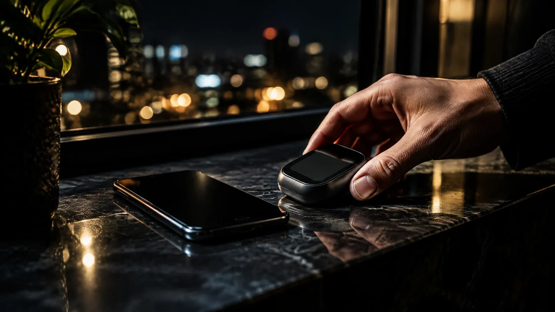 A hand placing a small unbranded device with a dark display next to a switched-off smartphone on a stone ledge by a window