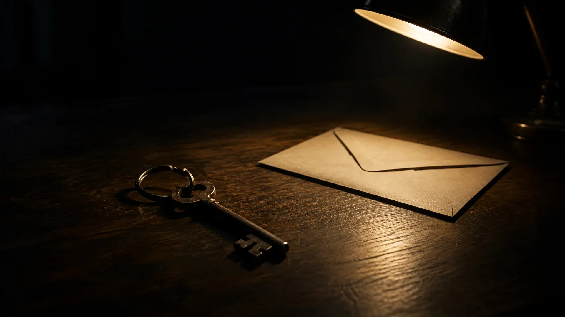 A single old key on a plain ring on an empty dark wooden table, beside it a sealed envelope in the beam of a desk lamp