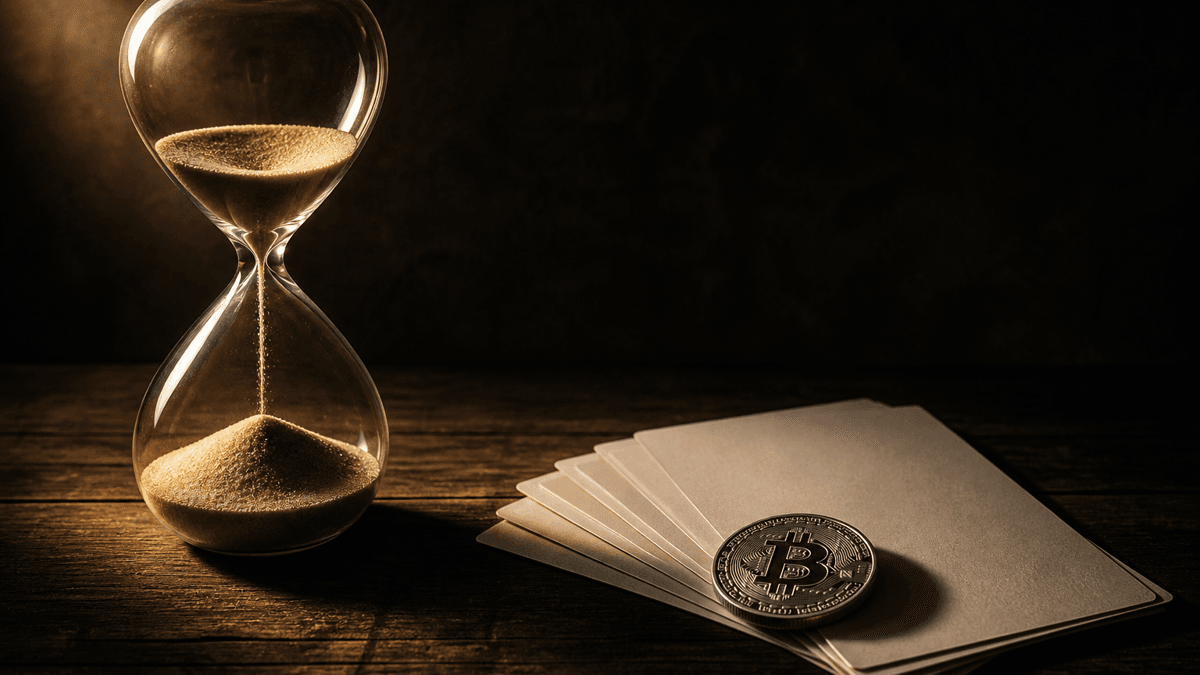 Sanduhr mit rinnendem Sand neben aufgefächerten leeren Papierbögen und einer silbernen Bitcoin-Münze auf dunklem Holz