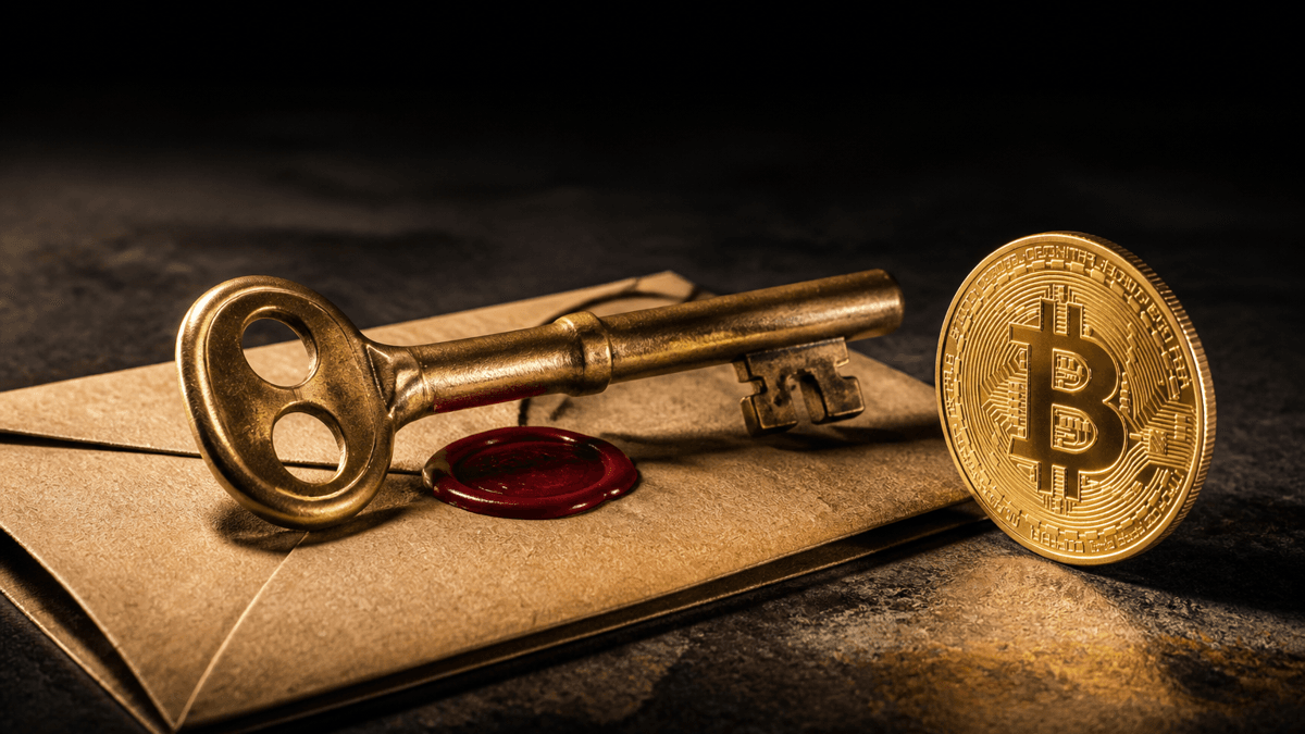 Messingfarbener Türschlüssel auf einem Briefumschlag mit rotem Wachssiegel, daneben eine aufrecht stehende goldene Bitcoin-Münze