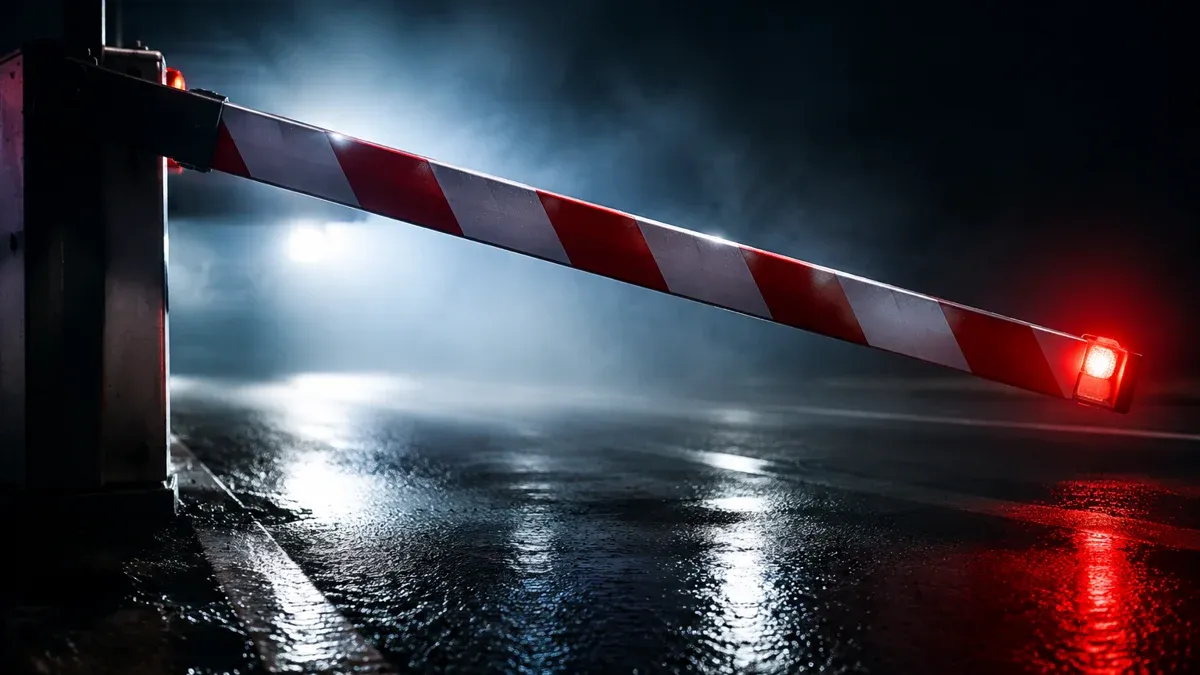 Rot-weiß gestreifte Schlagbaumschranke senkt sich bei Nacht über eine leere nasse Fahrbahn