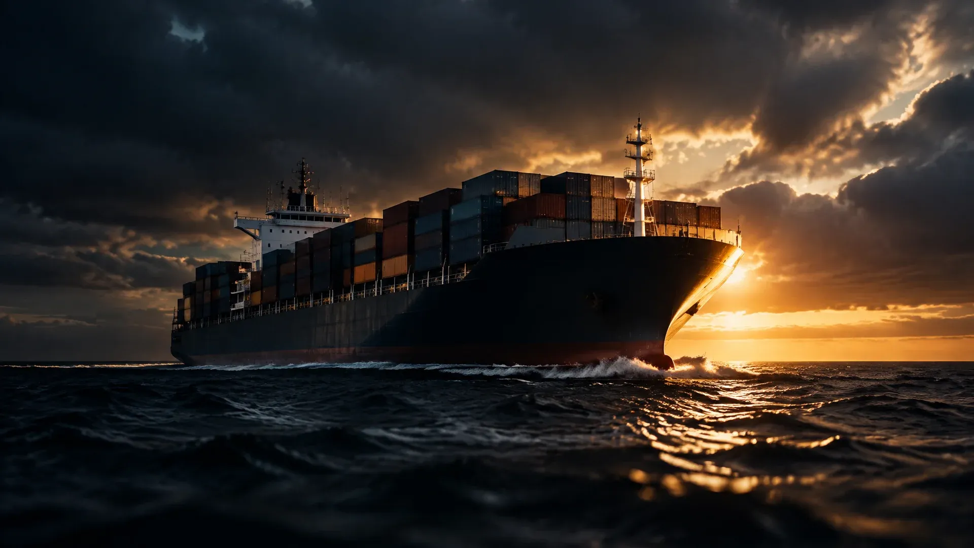 Schwer beladenes Frachtschiff fährt bei Dämmerung über eine lange, flache Dünung auf offener See, Seitenlicht bricht durch die Wolkendecke