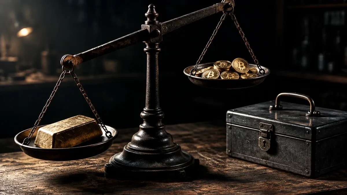 Balkenwaage aus dunklem Metall, links ein schwerer Barren tief unten, rechts mehrere kleine Münzen mit Bitcoin-Zeichen hoch oben, daneben eine geschlossene Metallkassette