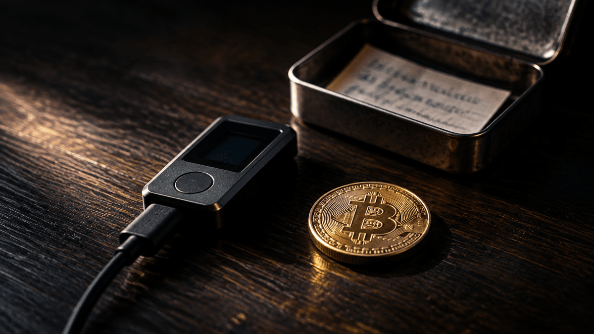 Hardware-Gerät zur Schlüsselverwahrung auf dunkler Holzplatte neben einer Metallkassette mit handbeschriebenem Zettel und einer Münze