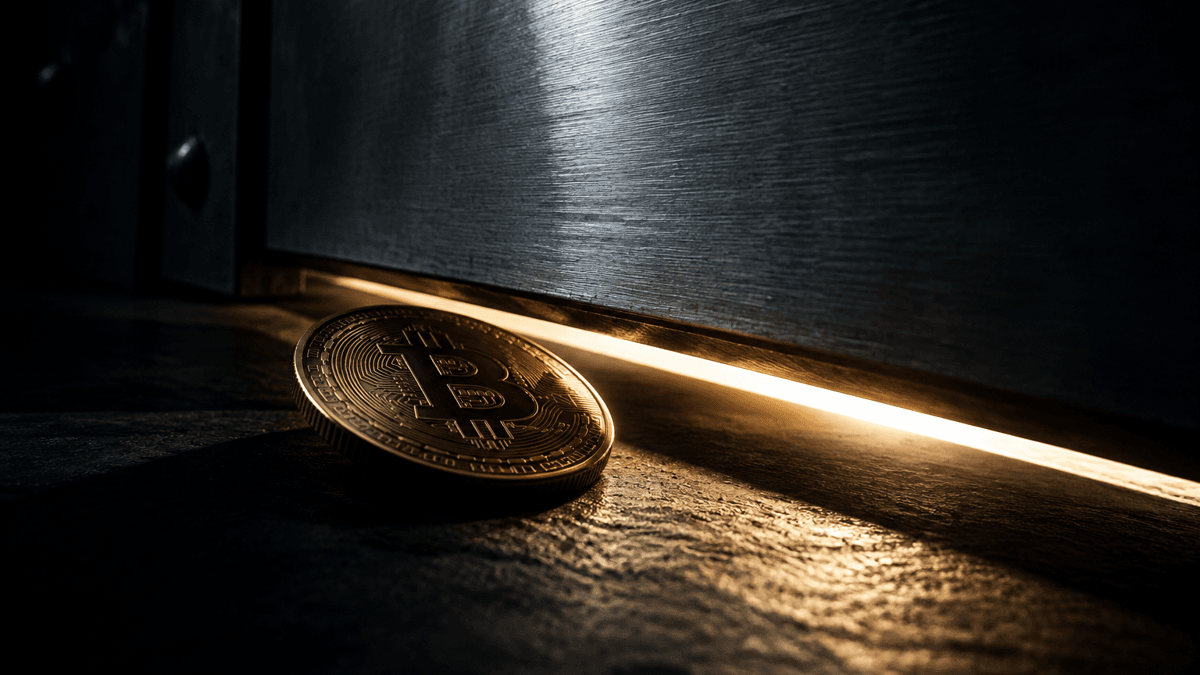 Schwere Metallklappe senkt sich über einen Schacht und lässt nur noch einen schmalen Lichtspalt, davor eine umgefallene Münze
