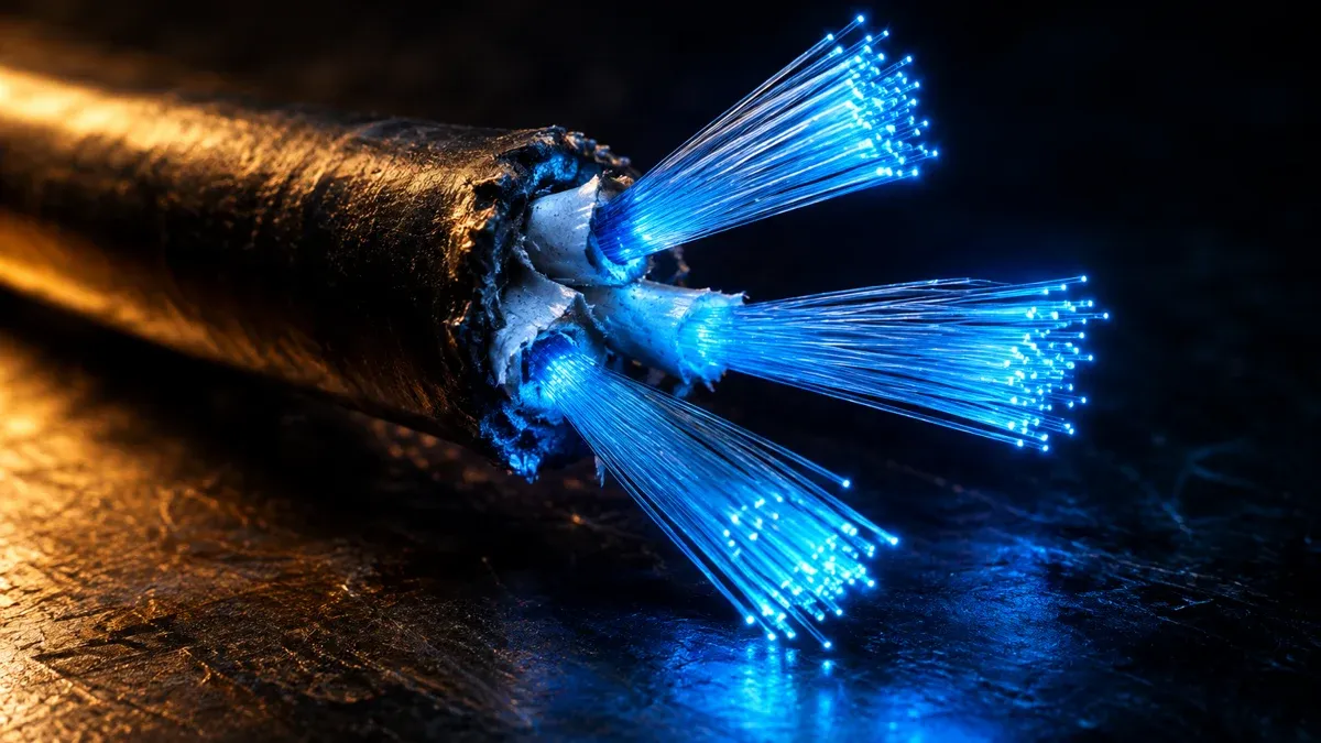 A severed fibre-optic cable whose light guides fan out into four separate glowing bundles