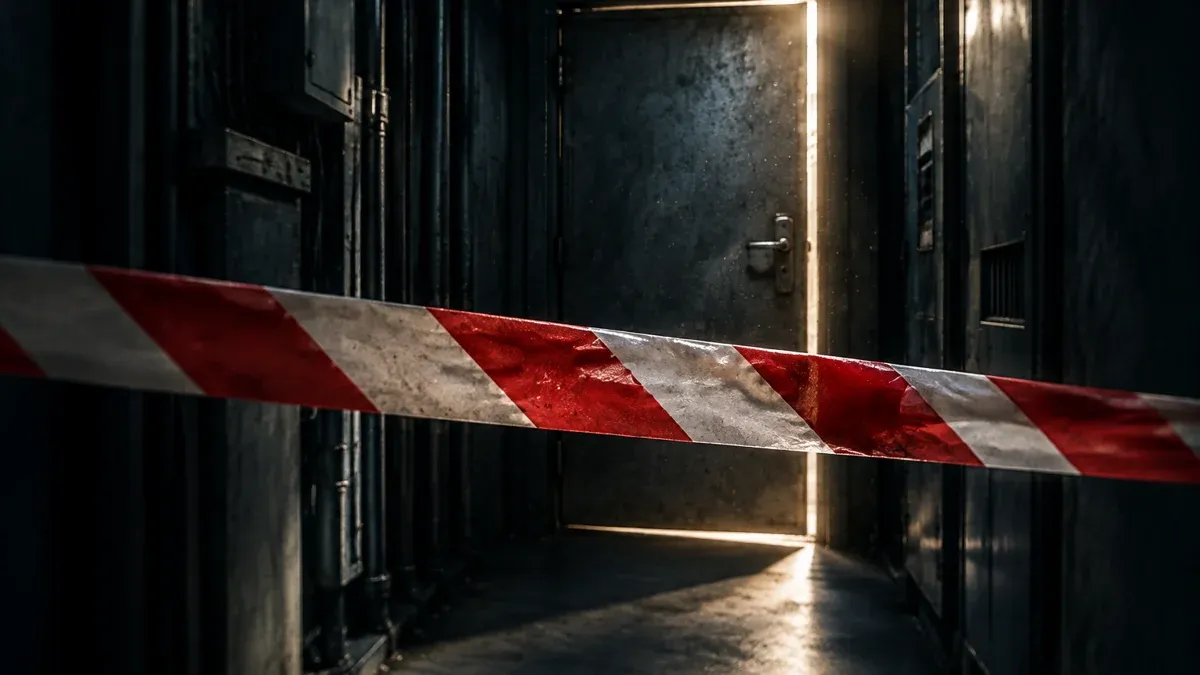Barrier tape in front of a steel door left ajar in an empty technical corridor at night