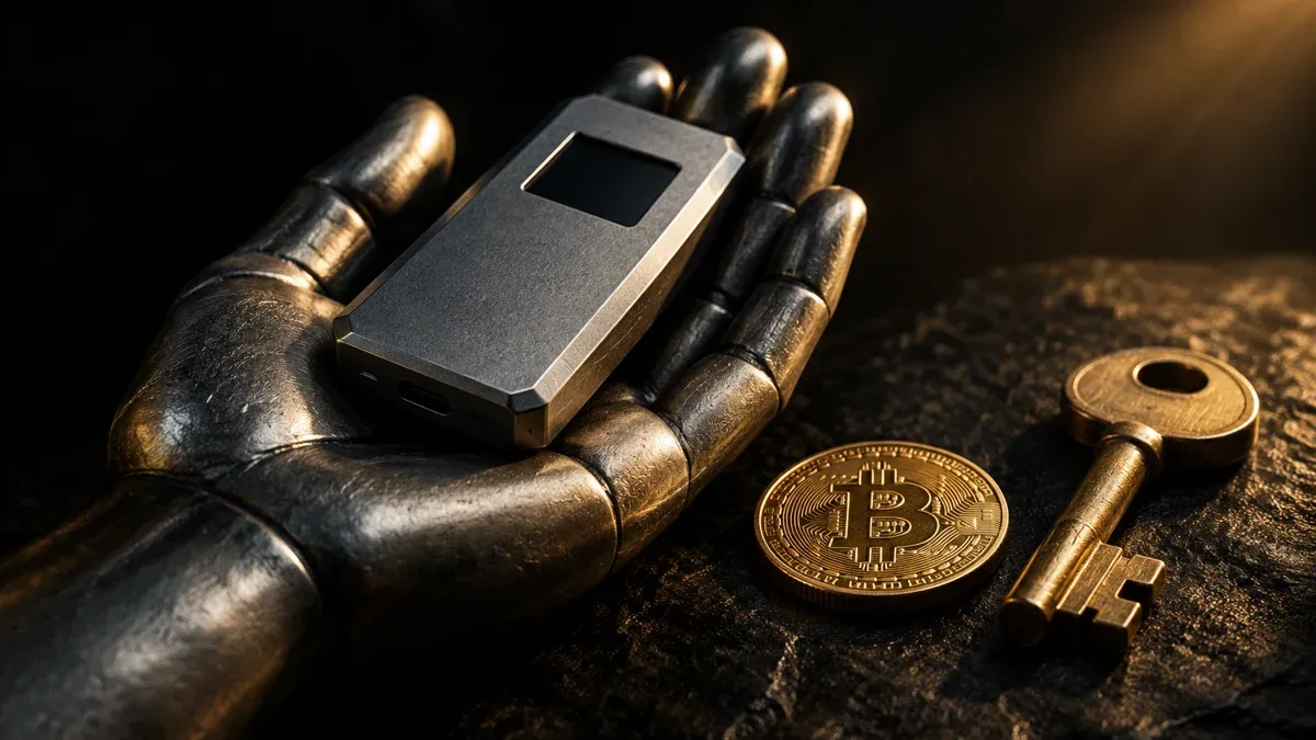Markenlose Hardware-Speichervorrichtung aus Metall in einer Handfläche, daneben eine Münze und ein Messingschlüssel