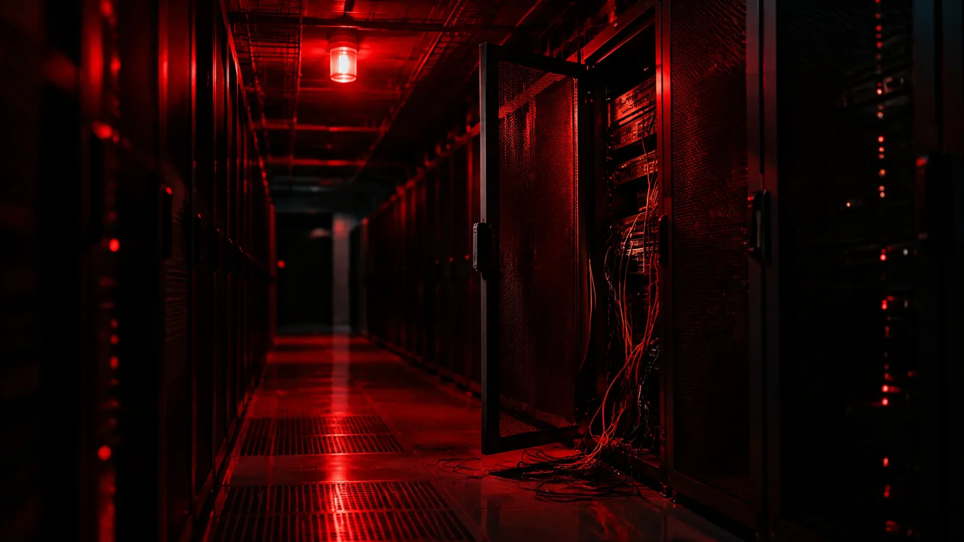 Dark server room with rows of black computing cabinets, a single red warning light bathing the aisle in red, one cabinet standing open