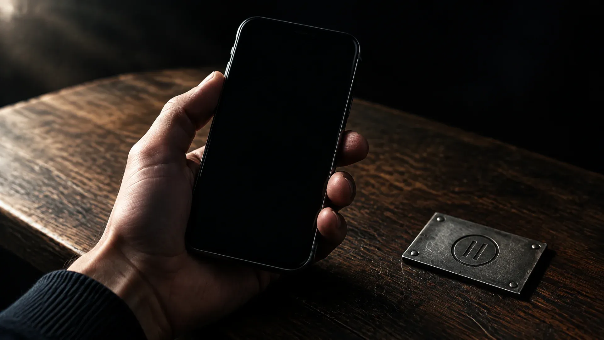 A hand holding a smartphone with a dark, empty display above a wooden table, an engraved metal plate beside it