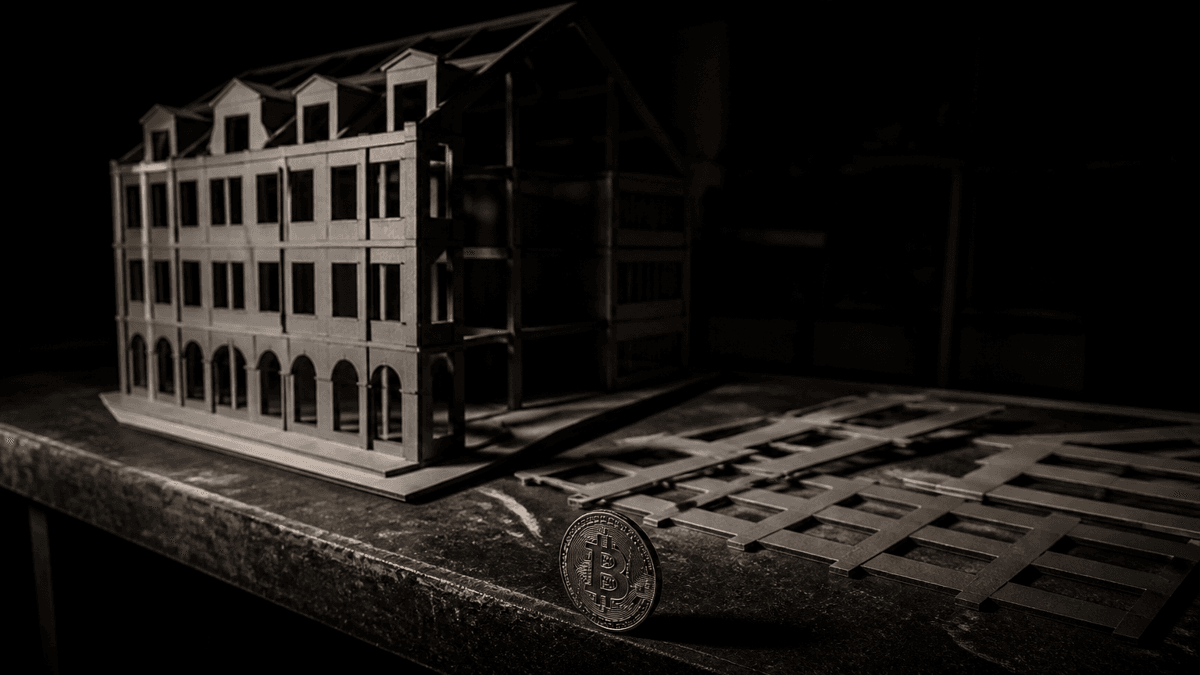 Halb fertiges Architekturmodell eines Gebäudes aus Karton auf einer dunklen Werkbank, lose Bauteile daneben, davor eine Münze mit Bitcoin-Symbol