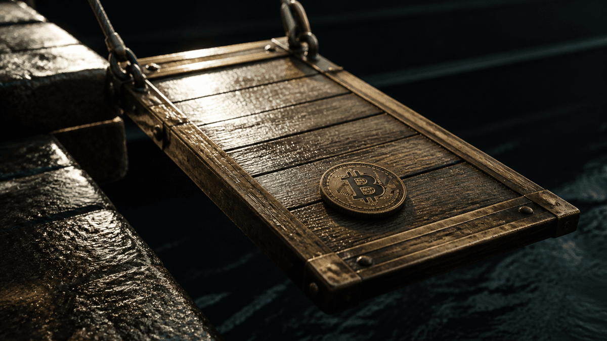 Hölzerne Schiffs-Gangway wird von einem nassen Kai eingezogen und schwebt über schwarzem Wasser, auf den Planken liegt eine Münze mit Bitcoin-Symbol