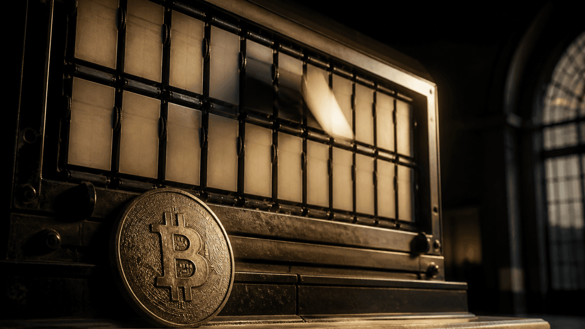 Grosser mechanischer Fallblatt-Anzeiger in einer Bahnhofshalle mit durchweg leeren, blanken Blaettern, ein einzelnes Blatt kippt unscharf um, davor eine grosse goldene Muenze mit eingepraegtem Bitcoin-Zeichen