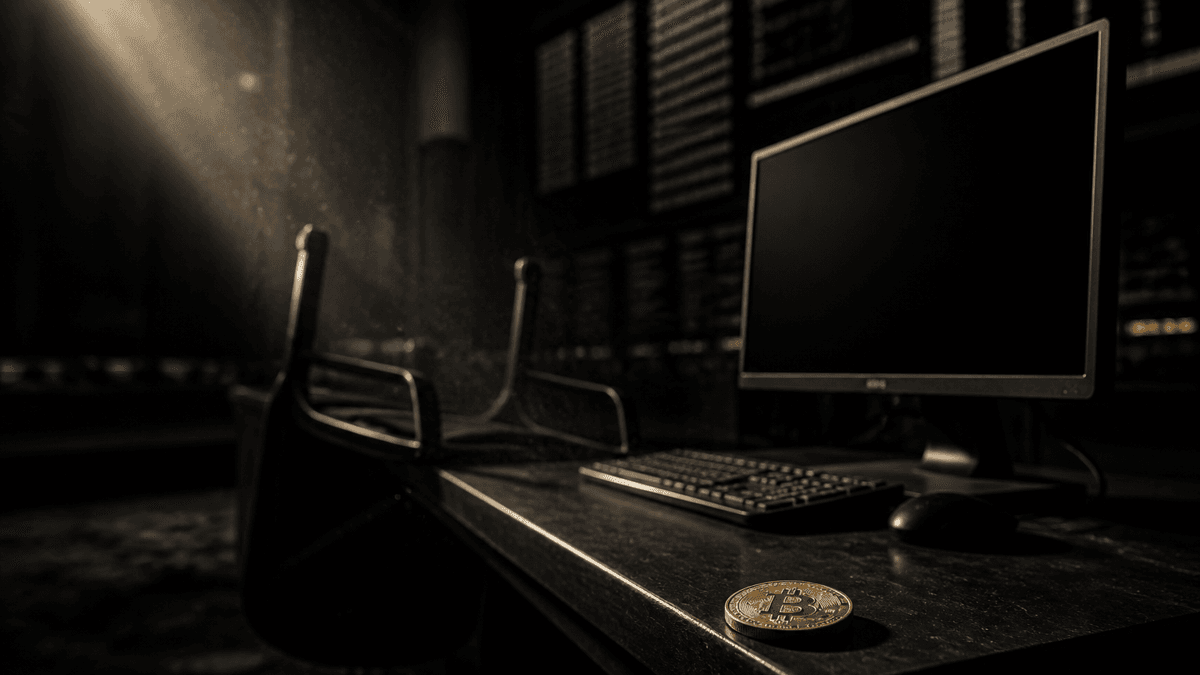 Ein verlassener Arbeitsplatz im dunklen Handelssaal mit abgeschaltetem Bildschirm, umgedrehtem Stuhl und einer vergessenen Muenze mit Bitcoin-Symbol auf der Tischkante
