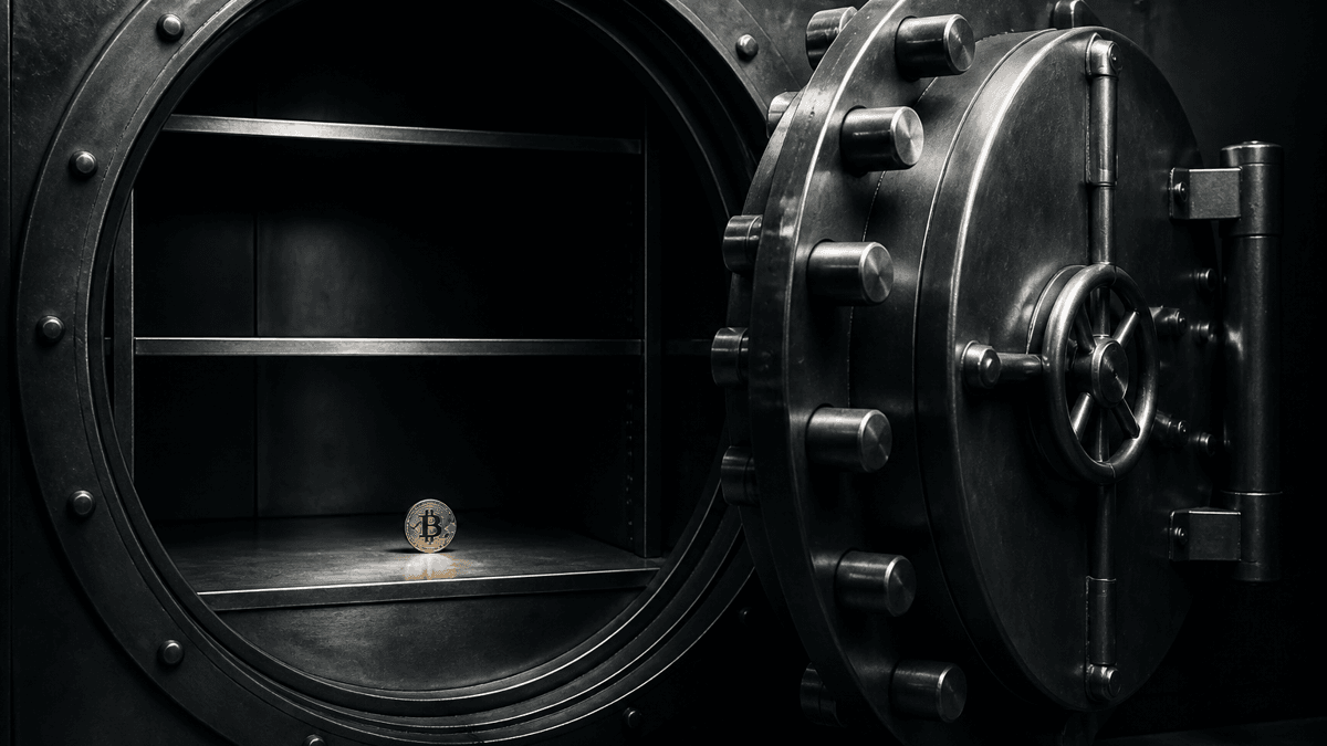 Massiver Tresorraum mit weit geoeffneter runder Stahltuer und dicken Verriegelungsbolzen, alle Faecher leer bis auf eine einzelne goldene Muenze mit eingepraegtem Bitcoin-Zeichen auf dem unteren Regalboden
