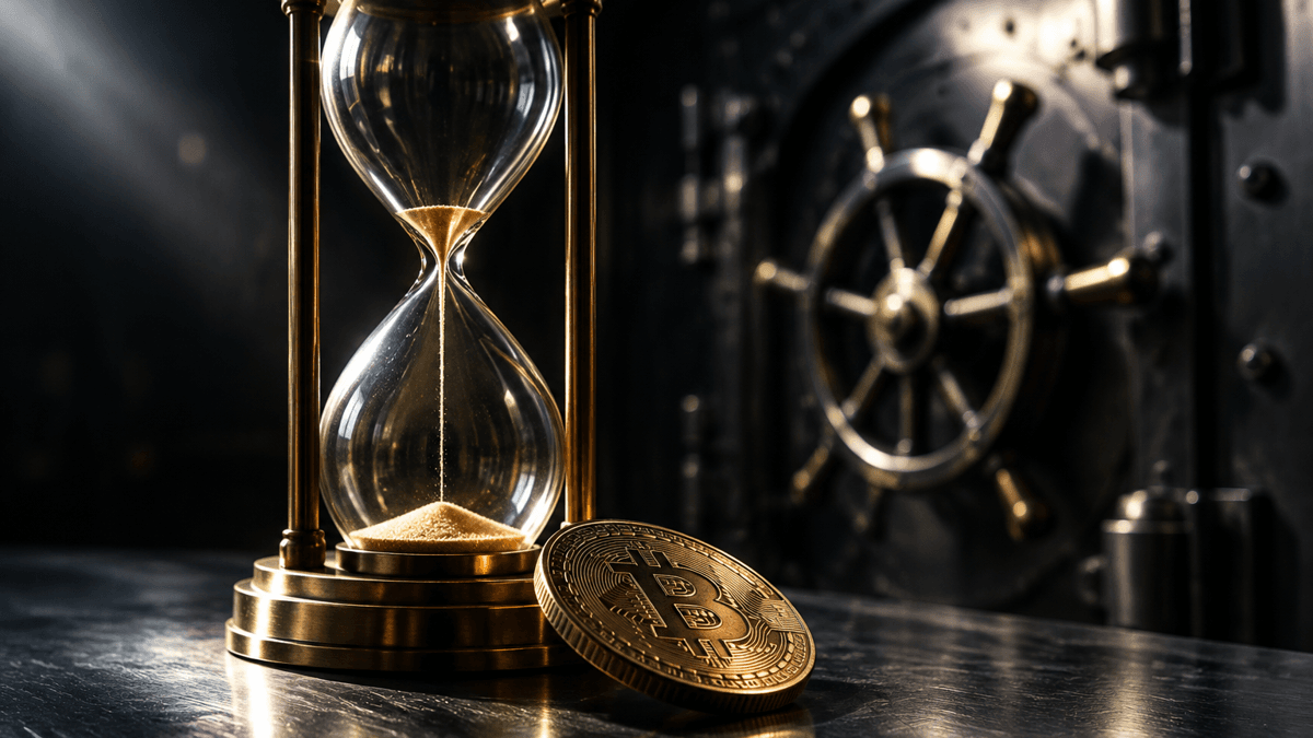 Sanduhr mit den letzten Sandkörnern auf einer Stahltheke, dahinter eine zufallende Tresortür, davor eine gekippte Münze mit Bitcoin-Zeichen