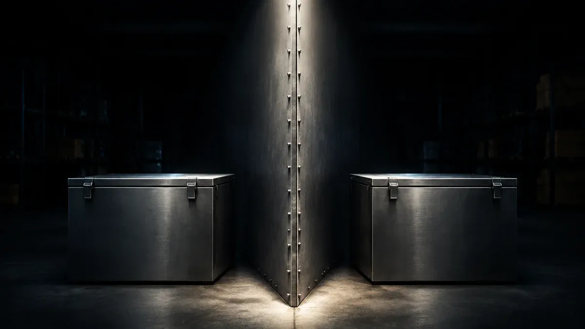Massive Stahltrennwand teilt einen dunklen Lagerraum, davor links und rechts je ein verschlossener Metallbehälter