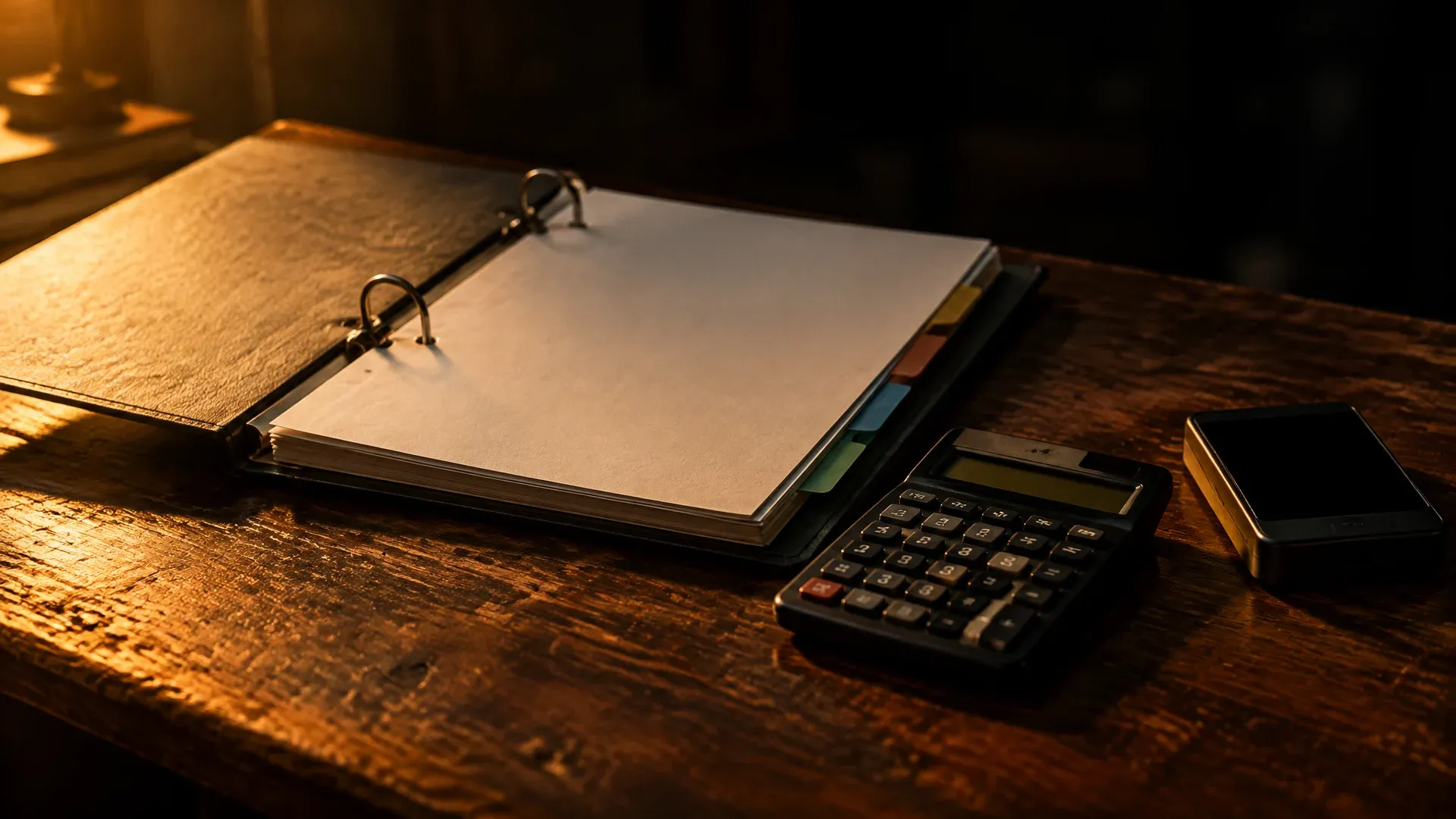 Ein aufgeschlagener Aktenordner mit leeren Registerblättern, ein Taschenrechner und ein kleines Gerät mit dunklem Display auf einem Holztisch im Abendlicht